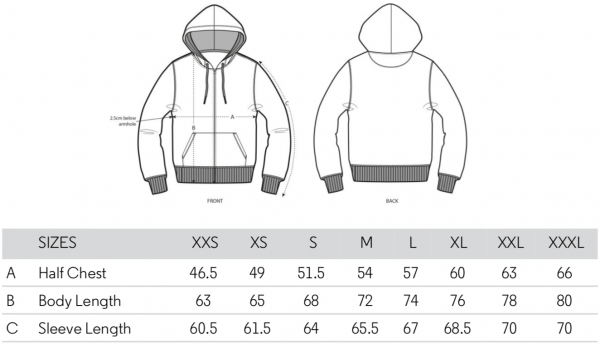 Zipped Hoodie Size Guide